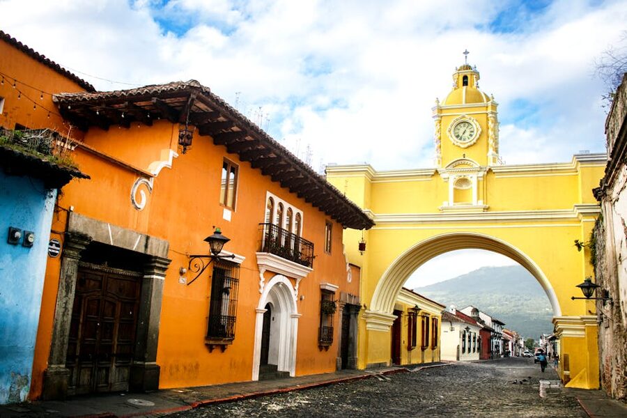 Santa Catalina Arch over a cobblestone street in Antigua Guatemala