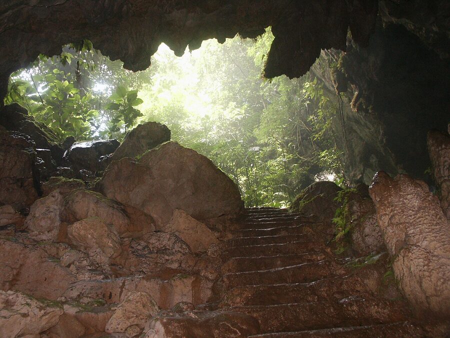 Stone steps leading down into St Hermans Cave entrance