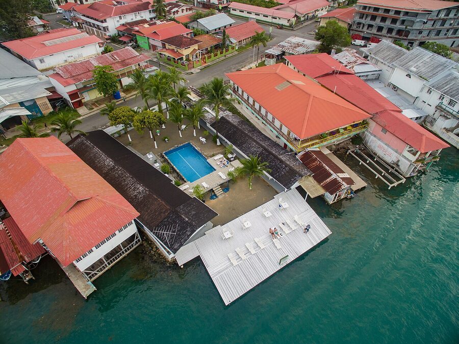 Aerial view of the Bocas del Toro archipelago islands and reefs
