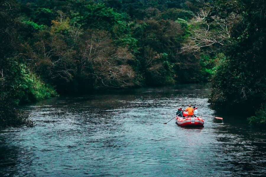 Whitewater rafting through a jungle river canyon