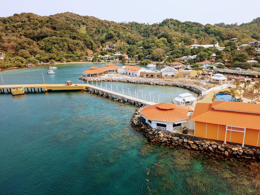 Aerial view of dock and coastline at Coxen Hole on Roatan Bay Islands Honduras