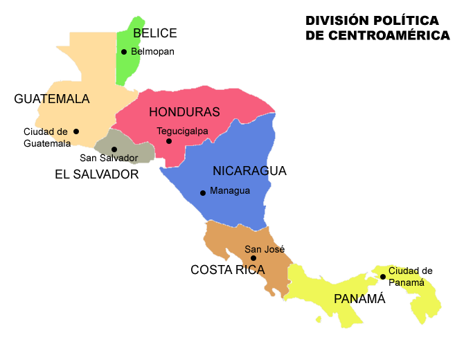 Map of Central America with the seven countries labelled in Spanish, including Belize, Guatemala, Honduras, El Salvador, Nicaragua, Costa Rica and Panama