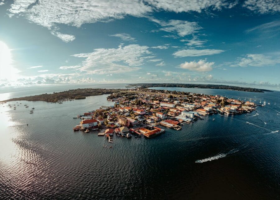 Flores island aerial view Lake Peten Itza Guatemala