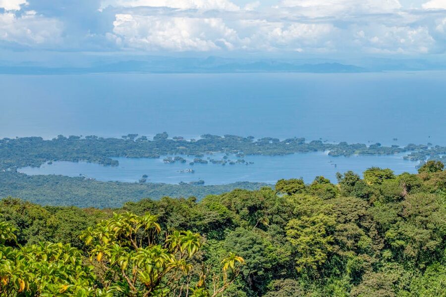 Aerial view of Lake Nicaragua and Mombacho from above Granada