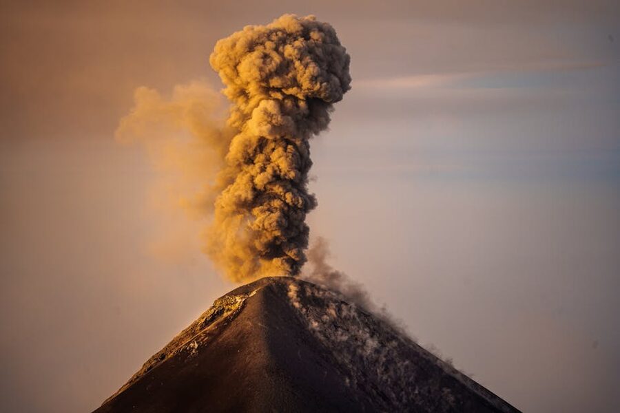 Fuego volcano erupting at sunrise viewed from Acatenango