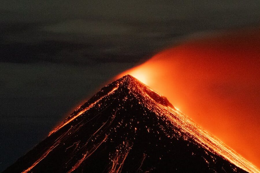 Volcano eruption at night seen from Acatenango summit