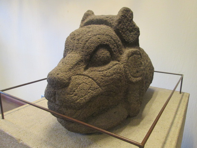 Polychrome Jaguar Head ceramic mask at Museo Popol Vuh, Guatemala City