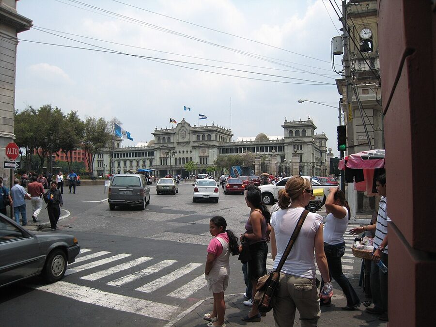 Plaza Mayor (Parque Central) in Zona 1 Guatemala City with the Palacio Nacional in the background