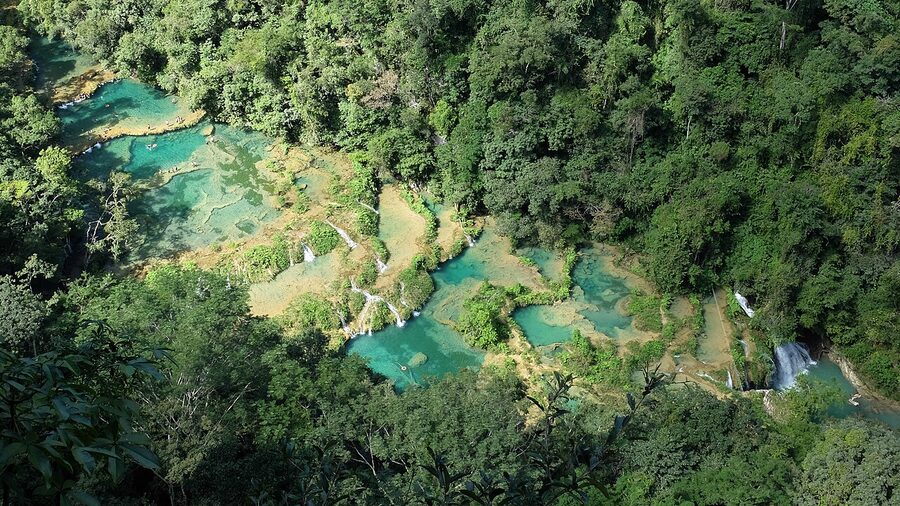 Turquoise pools at Semuc Champey from the mirador viewpoint