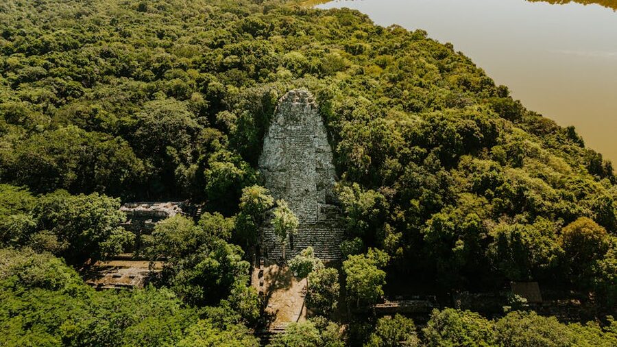 Aerial view of a Tikal pyramid rising above the Peten jungle