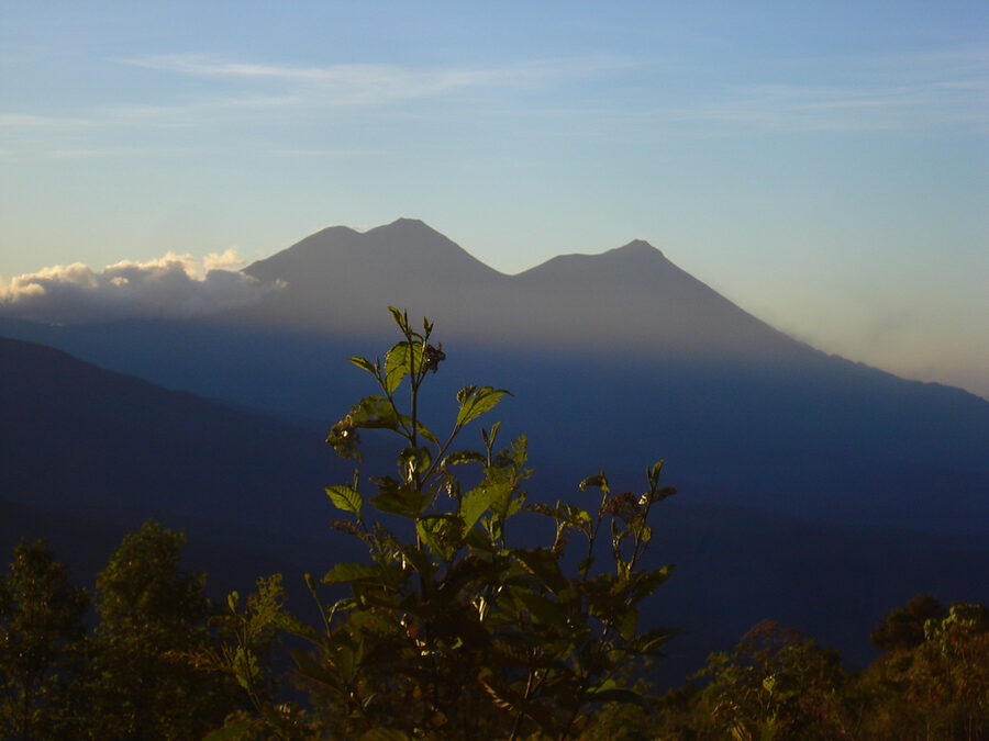 The three volcanoes Agua, Acatenango and Fuego from above Antigua