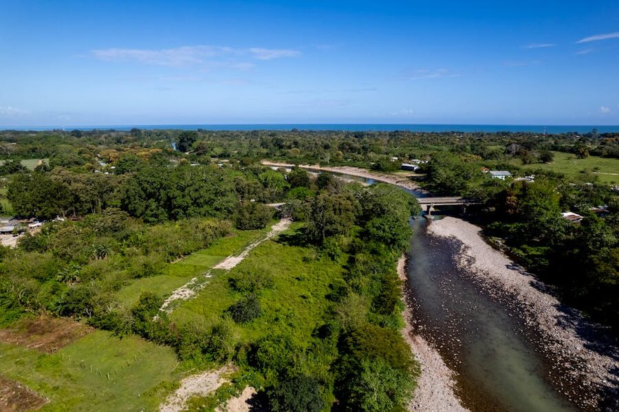 Aerial view of jungle and river near La Ceiba in Honduras