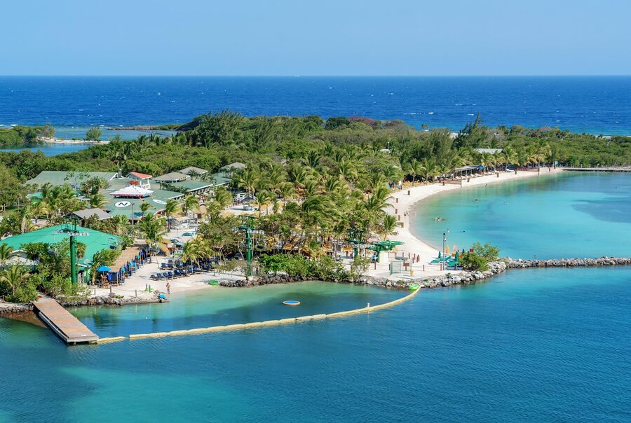 Aerial view of Roatan Caribbean coastline in Honduras