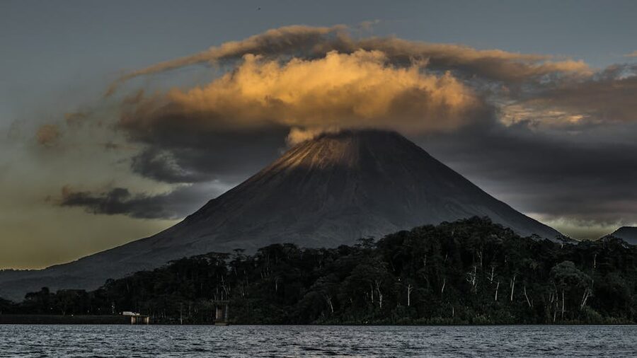 Arenal Volcano at dusk with glowing clouds, Costa Rica