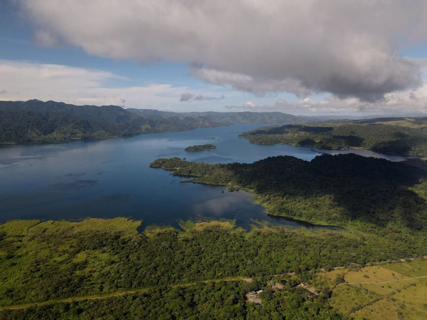 Aerial view of Lake Arenal with surrounding green hills, Costa Rica