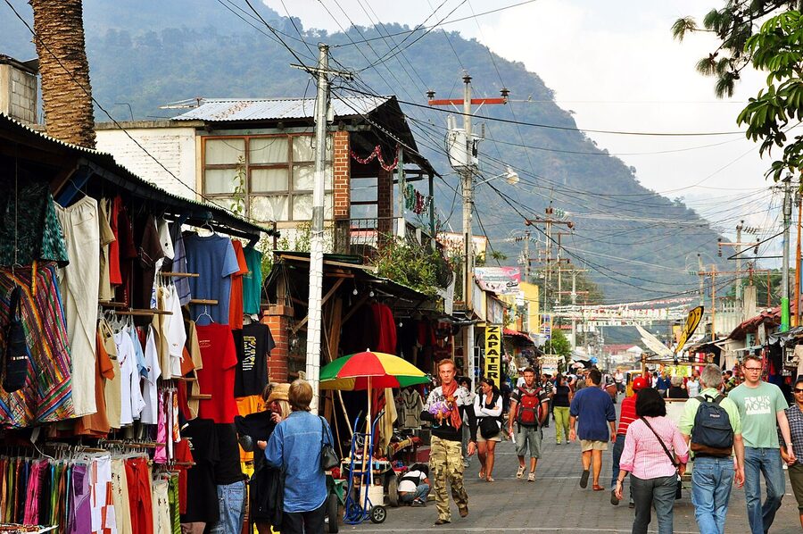 Calle Santander Panajachel main shopping street with vendors and cobblestones