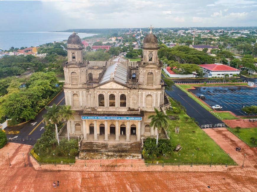 Aerial view of the old cathedral in Managua surrounded by trees and buildings