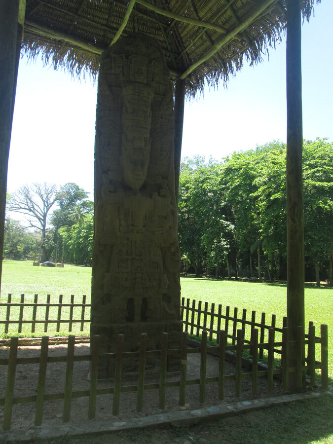 Carved stela at Quirigua archaeological site in Guatemala