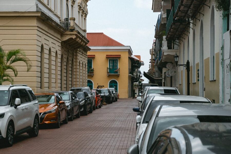 Casco Viejo cobblestone street with colonial buildings