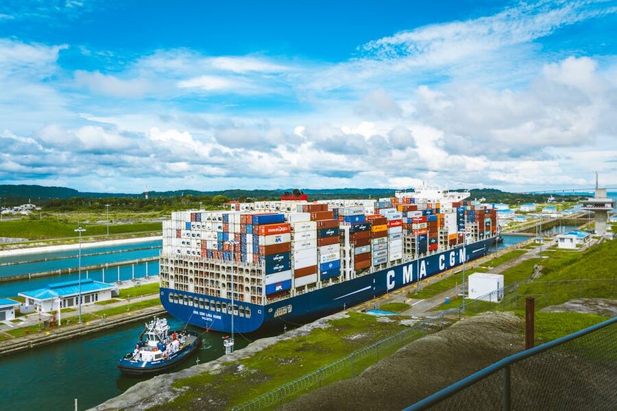CMA CGM container ship passing through the Panama Canal locks