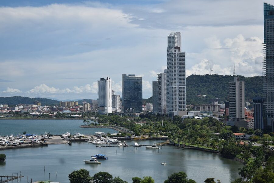 Panama City skyline behind the marina with the Causeway in the distance