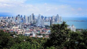 Panama City skyline seen from the hills above Casco Viejo
