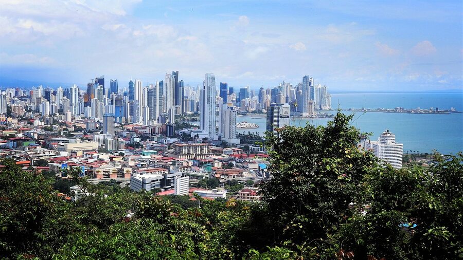 Panama City skyline seen from the hills above Casco Viejo
