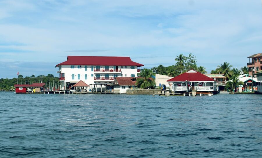 Bocas Town waterfront with red-roofed wooden buildings on Isla Colon