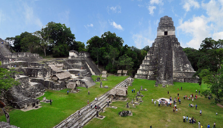 Tikal Mayan ruins panoramic view across jungle canopy