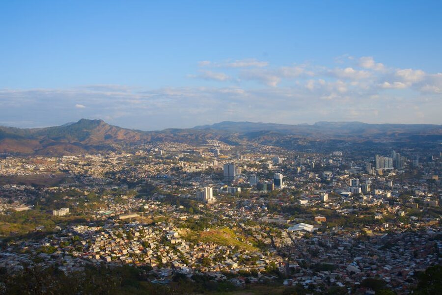 Aerial view of Tegucigalpa city in the bowl with mountains all around