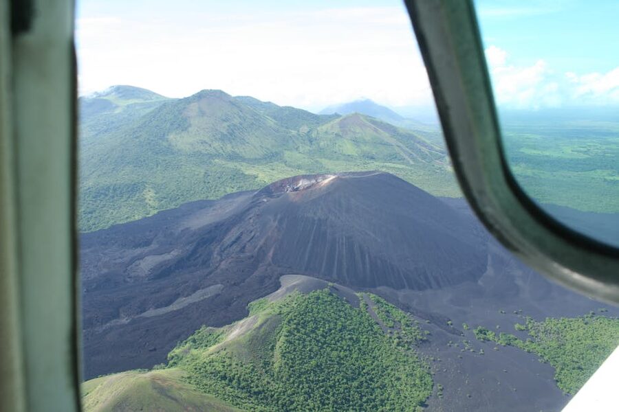 Aerial view of Cerro Negro volcano with black slopes near Leon, Nicaragua
