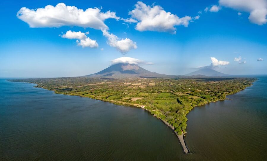 Aerial view of Ometepe Island with Volcan Concepcion rising over Lake Nicaragua
