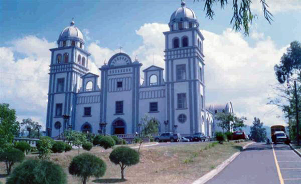 Basilica de Suyapa exterior with twin domed towers near Tegucigalpa