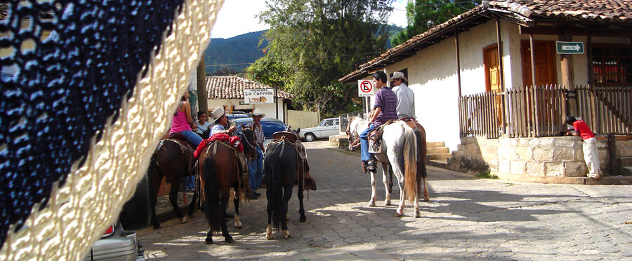 Cobblestone street in Valle de Angeles with horses and adobe houses